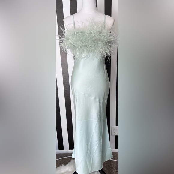 Mint Satin Ostrich Feather Trim Midi Slip Dress - NWT - Picture 3 of 7